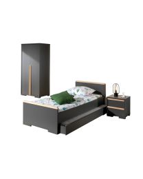 London-combinatie In Antraciet Met Bed (90x200) Met Bijhorend Rolbed, Nachtkastje En 2-deurs Kleerkast.