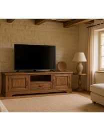 Tv-kast In Massief Teak, Natuurkleur Met Grijze Afwerking