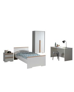 London-combinatie In Wit Met Bed (90x200) Met Nachtkastje, 2-deurs Kleerkast En Bureau.